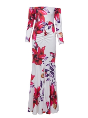 Dam Slash Neck Flower Print Backless Maxi Dress