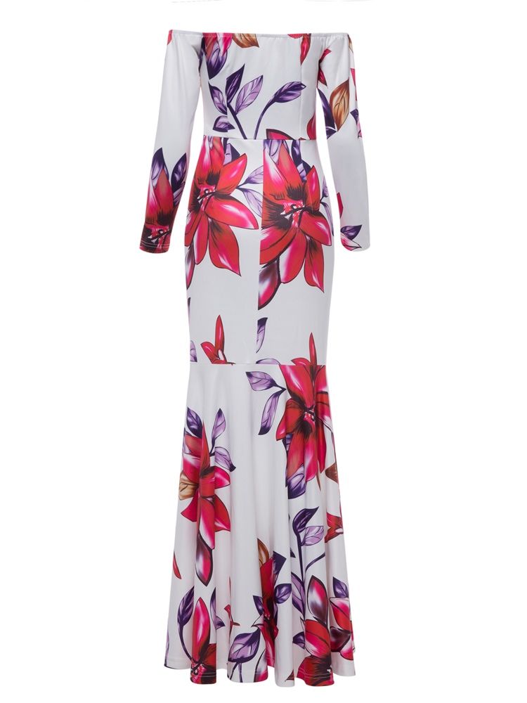 Dam Slash Neck Flower Print Backless Maxi Dress