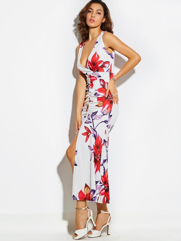 Damärmlös Bodycon-klänning Med Blommönster Fram