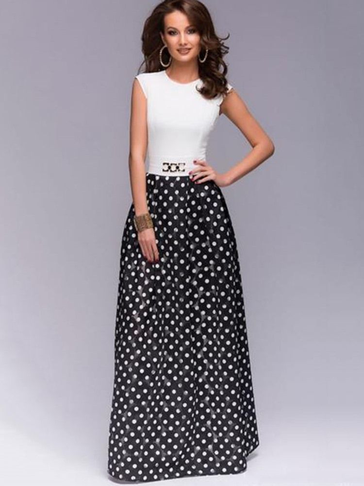 Polka Dots Color Block Expansion Maxi Dress