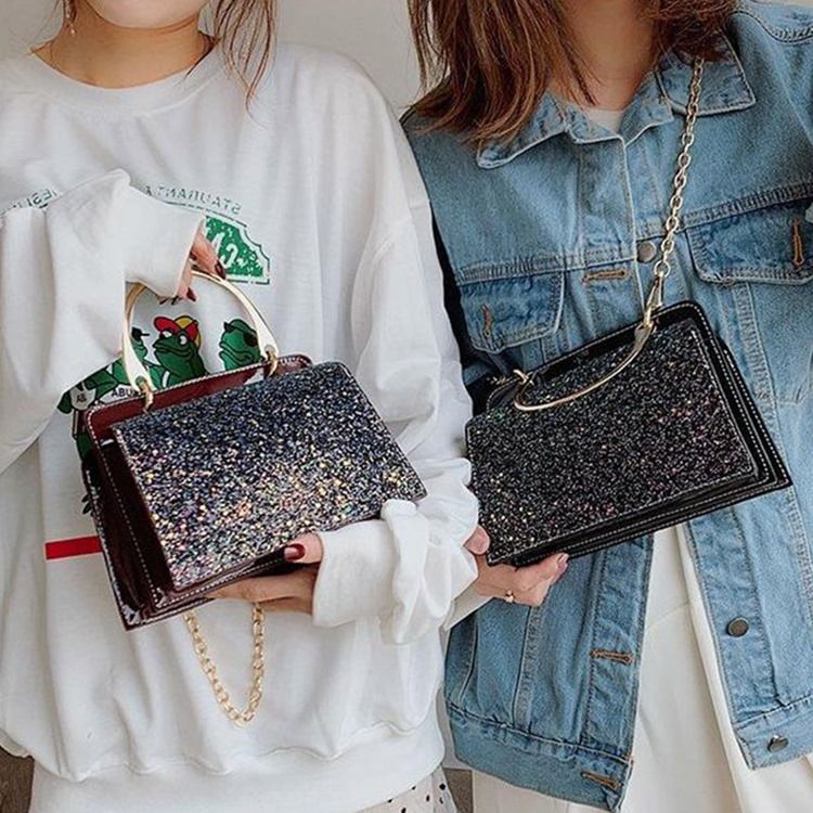 Plain Sequins Pu Rectangle Crossbody Bags