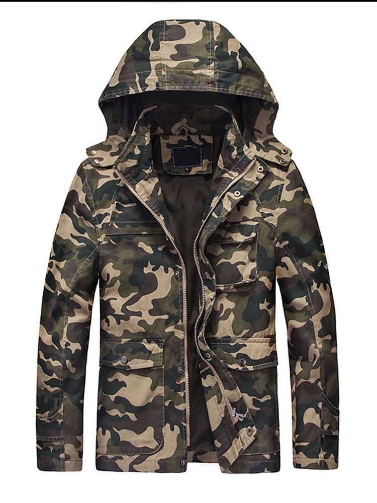 Camouflage Printed Hooded Zipper Mens Casual Thick Jacket