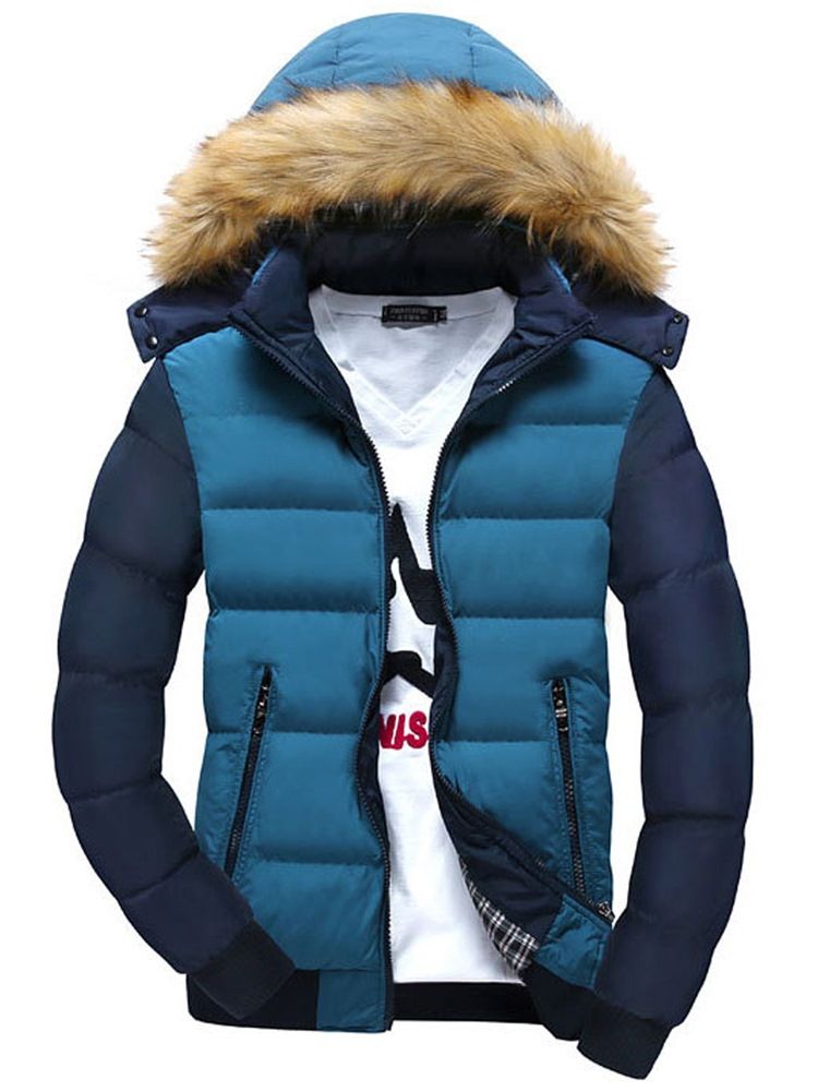 Color Block Faux Fur Collar Thicken Men's Cotton Coat