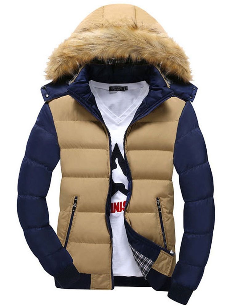 Color Block Faux Fur Collar Thicken Men's Cotton Coat