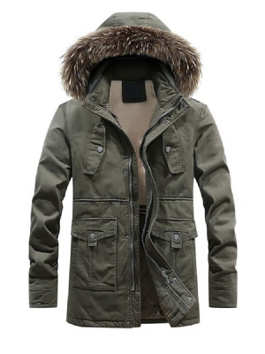 Fur Hooded Plain Zipper Pocket Mens Winter Jacket