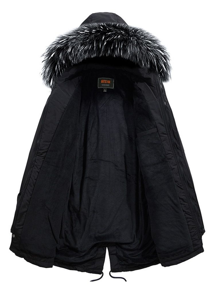 Plain Fur Hooded Mid-length Pocket Mens Casual Down Jacket