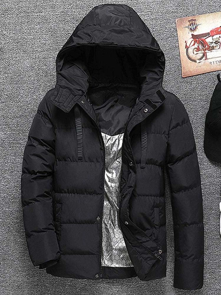 Plain Hooded Mid-length Zipper Casual Herr Dunjacka