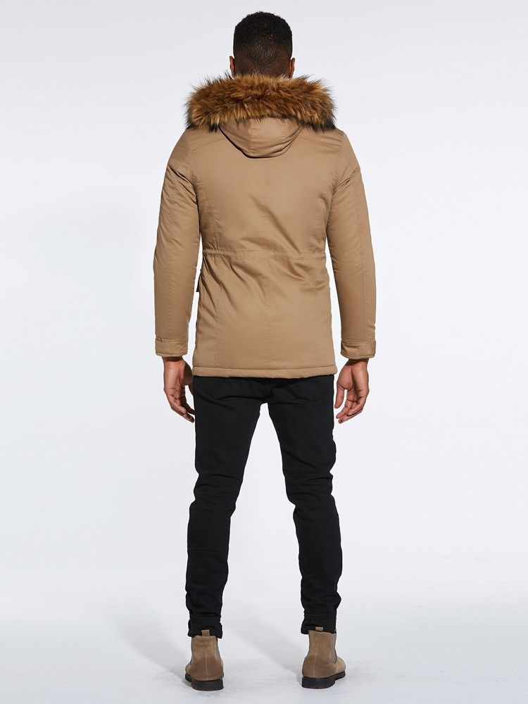 Plain Lace Up Fur Hooded Zipper Button Mens Tjocka Vinterrockar