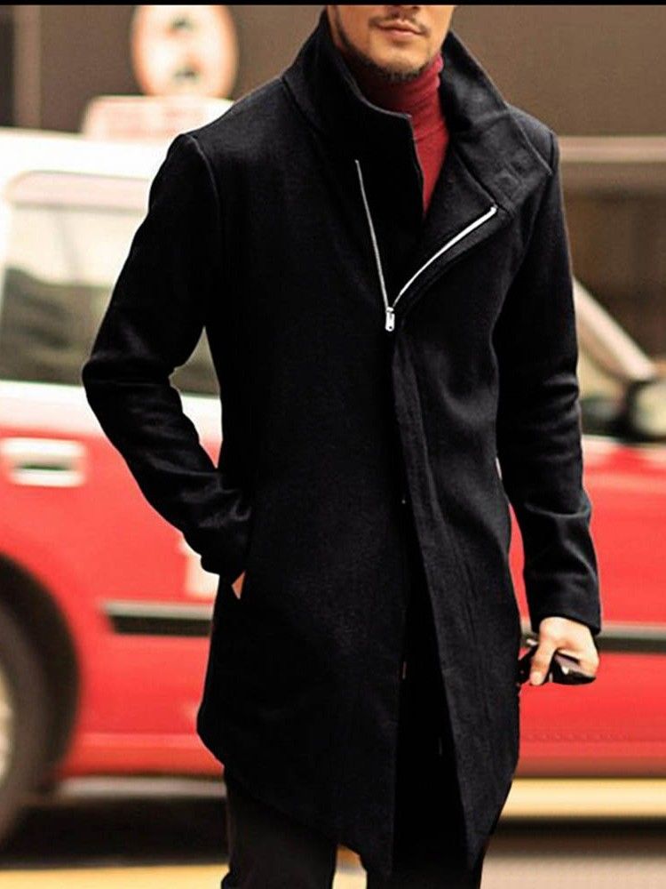 Plain Pocket Mid-length Style Slim Korean Men's Coat