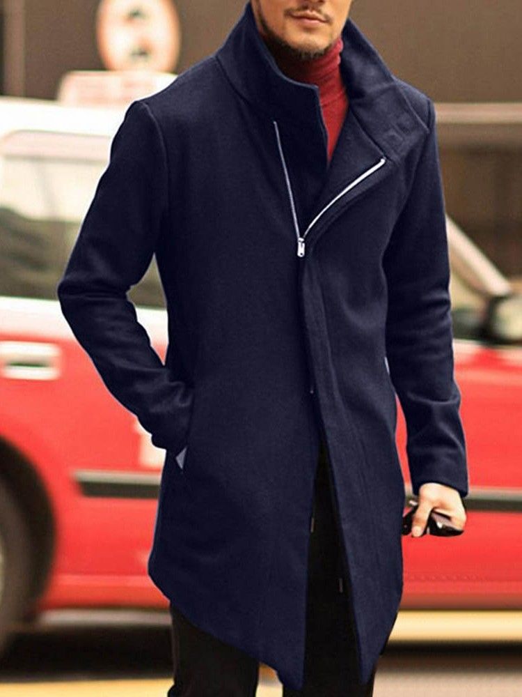 Plain Pocket Mid-length Style Slim Korean Men's Coat