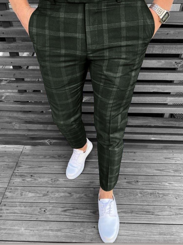 Button Pencil Pants Plaid Mid Waist Men's Casual Pants