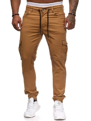 Button Plain Overall Lace-up Four Seasons Mens Casual Pants