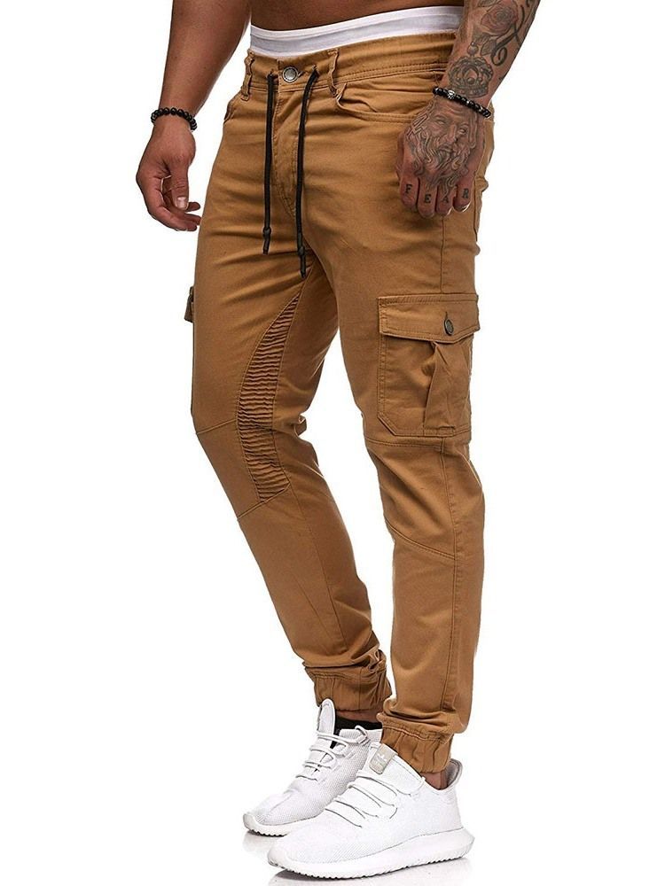 Button Plain Overall Lace-up Four Seasons Mens Casual Pants