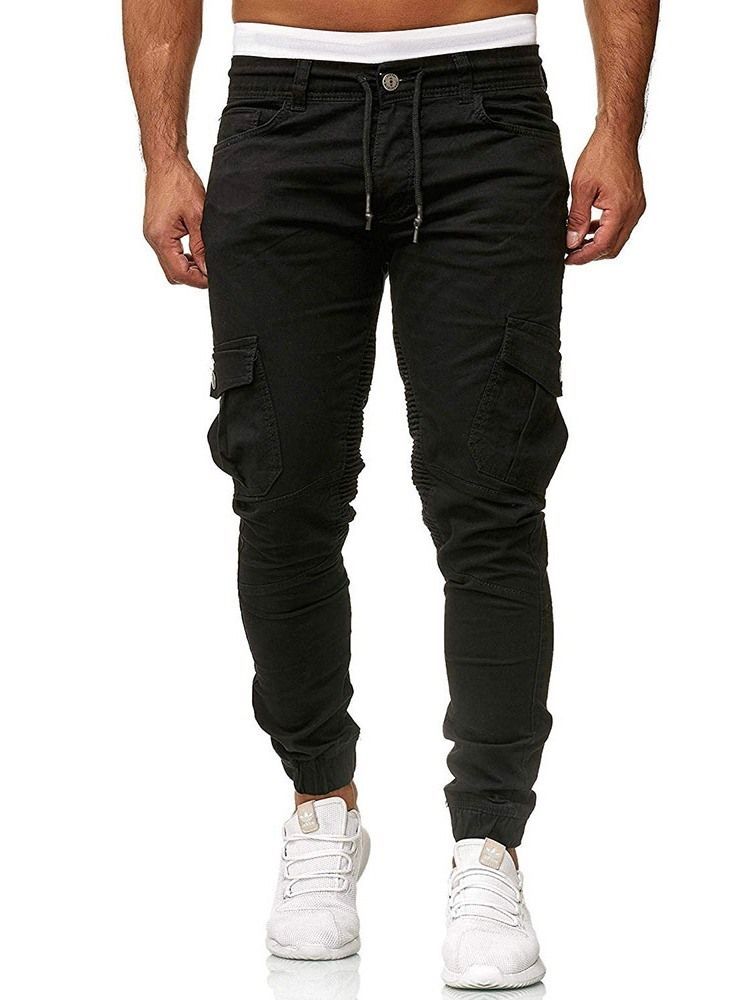 Button Plain Overall Lace-up Four Seasons Mens Casual Pants