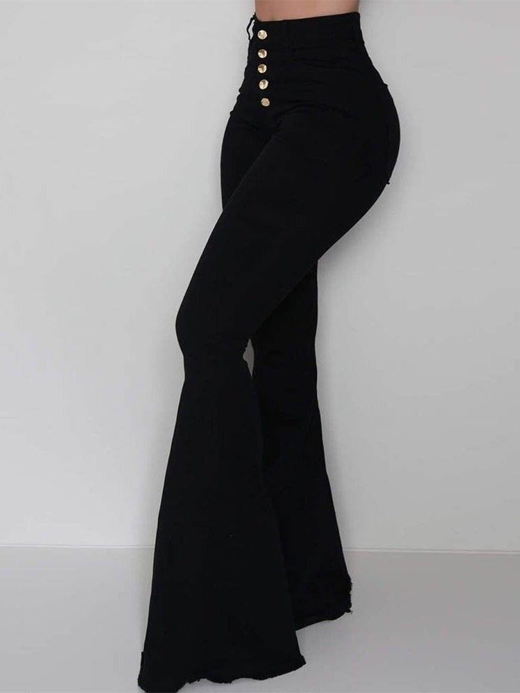 Button Slim Plain Bellbottoms Full Length Women's Byxor