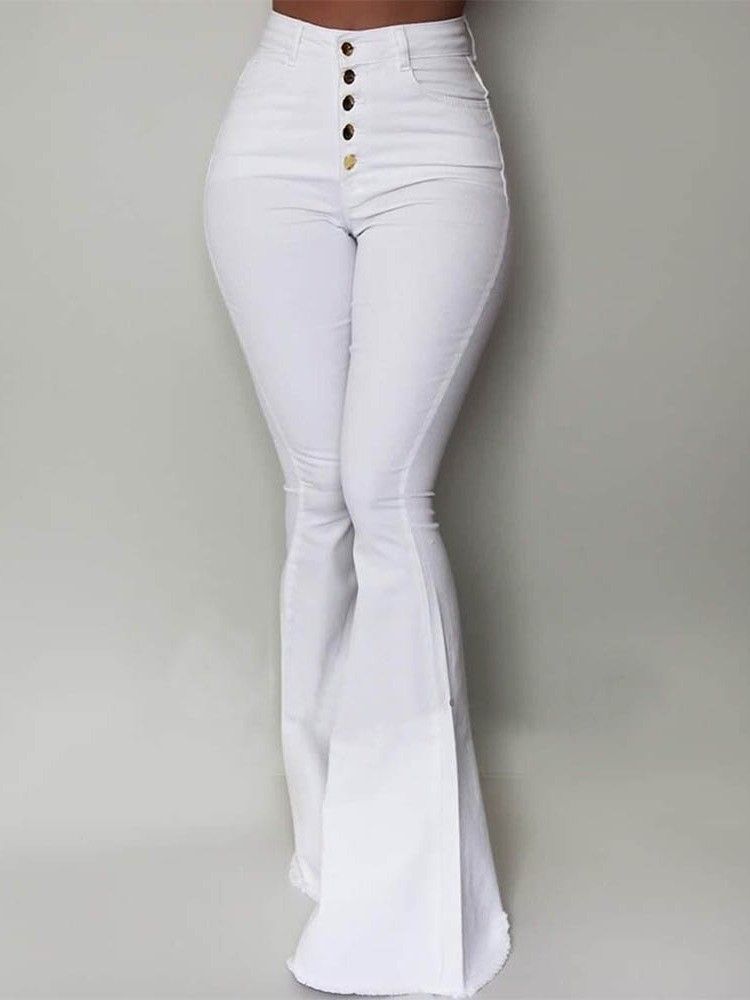 Button Slim Plain Bellbottoms Full Length Women's Byxor