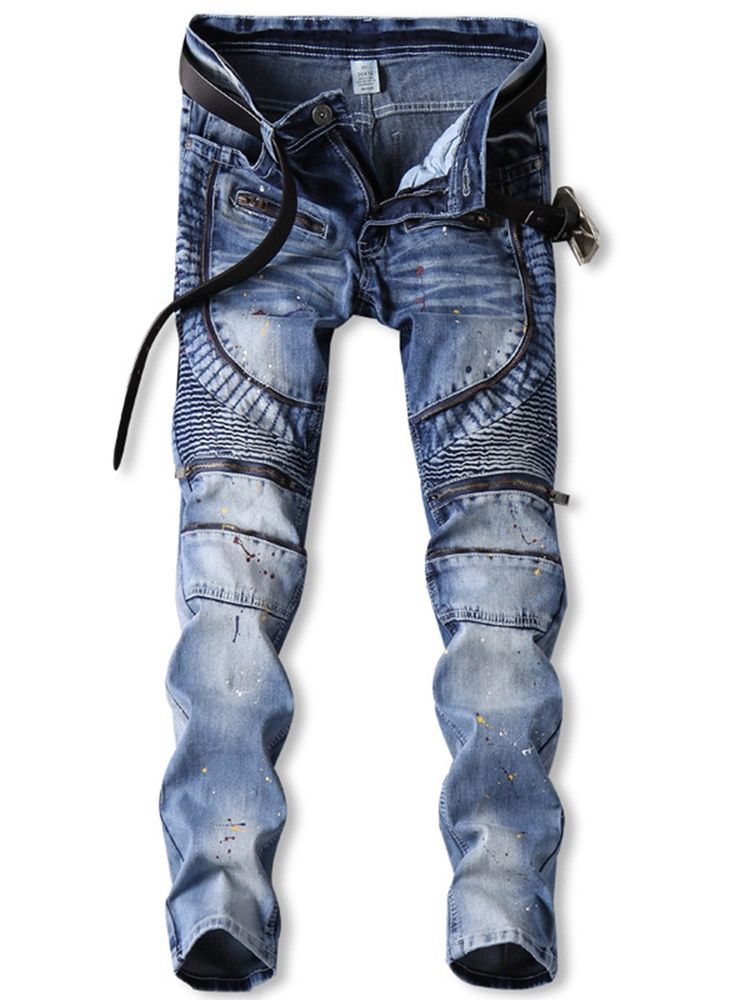 Color Block Denim Zip Mid-waist Unique Men's Pants