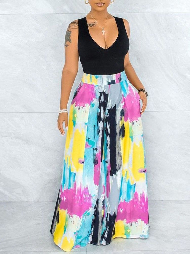 Color Block Loose Print High Midja Wide Leg Casual Dambyxor