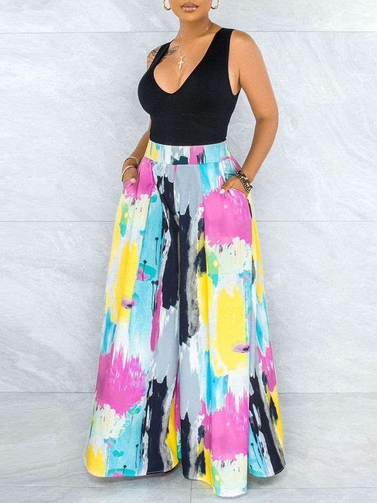 Color Block Loose Print High Midja Wide Leg Casual Dambyxor