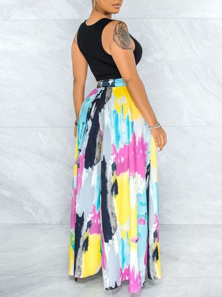 Color Block Loose Print High Midja Wide Leg Casual Dambyxor