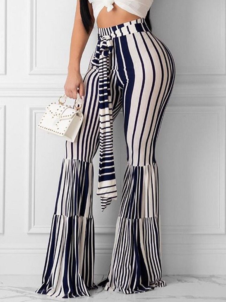 Dam Stripe Snörning Slim Full Längd Bellbottoms Casual Byxor