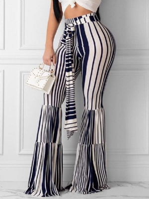 Dam Stripe Snörning Slim Full Längd Bellbottoms Casual Byxor