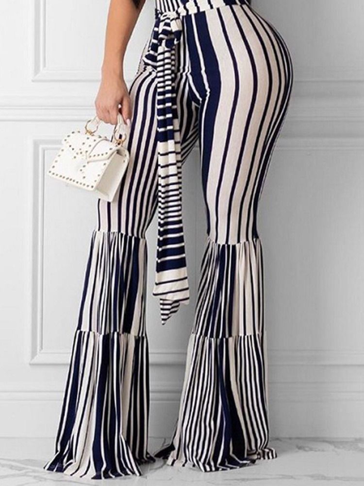 Dam Stripe Snörning Slim Full Längd Bellbottoms Casual Byxor