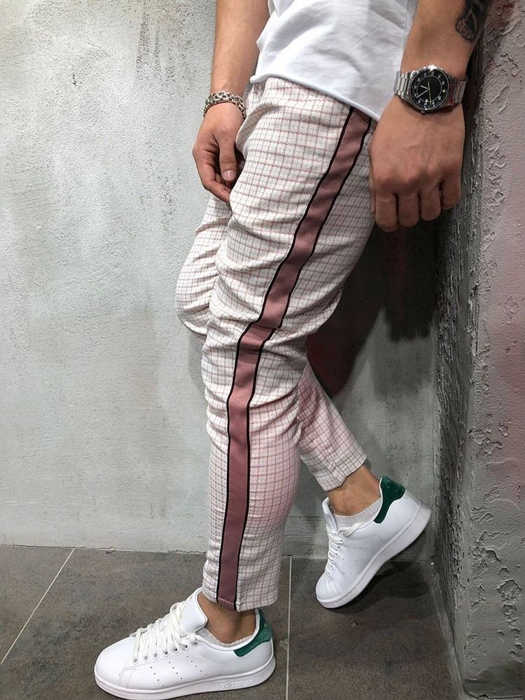 Herr Patchwork Pencil Pants Plaid Fall Mid Waist Casual Pants