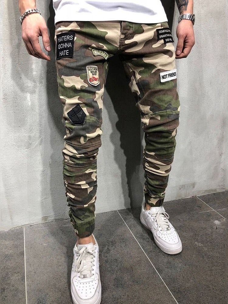 Herr Pencil Camouflage Appliques Zipper European Casual Pants