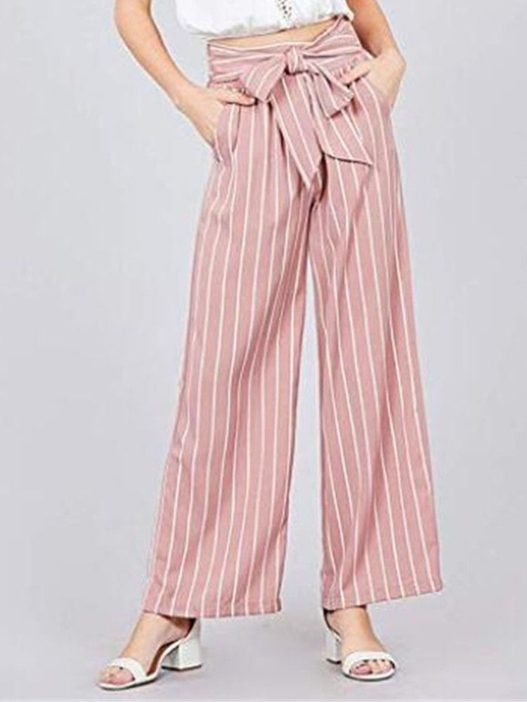 Kvinnors Bowknot Stripe Color Block Loose Full Length Wide Ben Casual Byxor