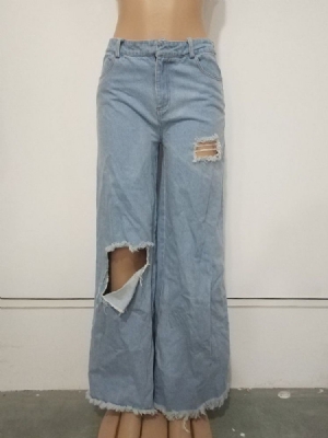 Kvinnors Hål Plain Loose Wide Ben Full Length Casual Byxor