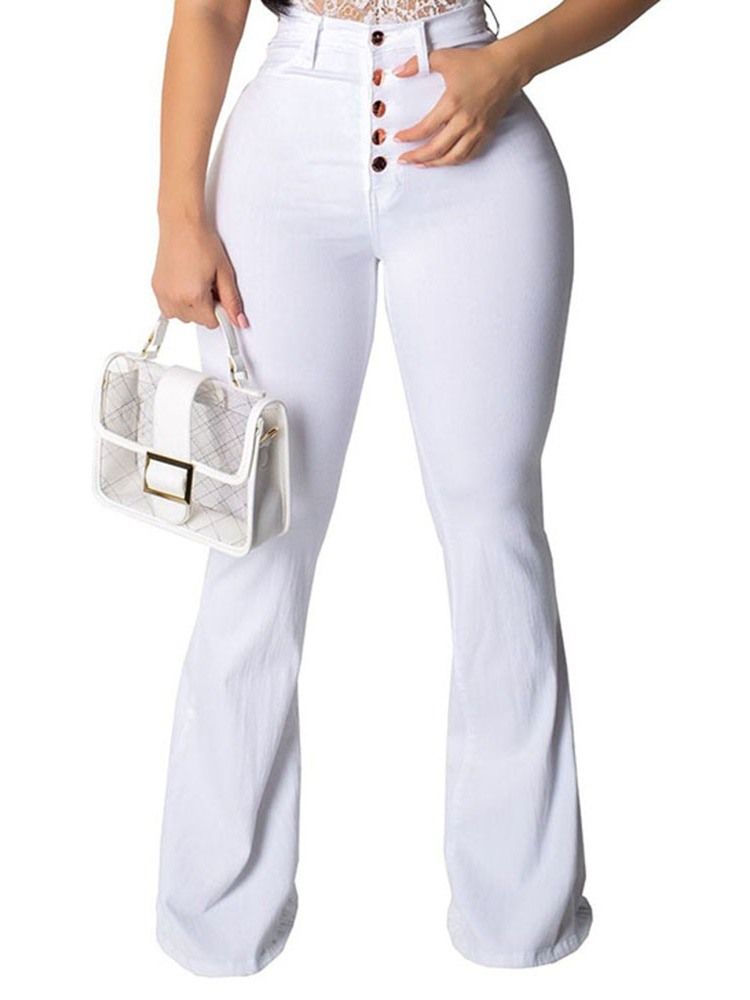 Kvinnors Knapp Plain Slim White Casual Flare Pants