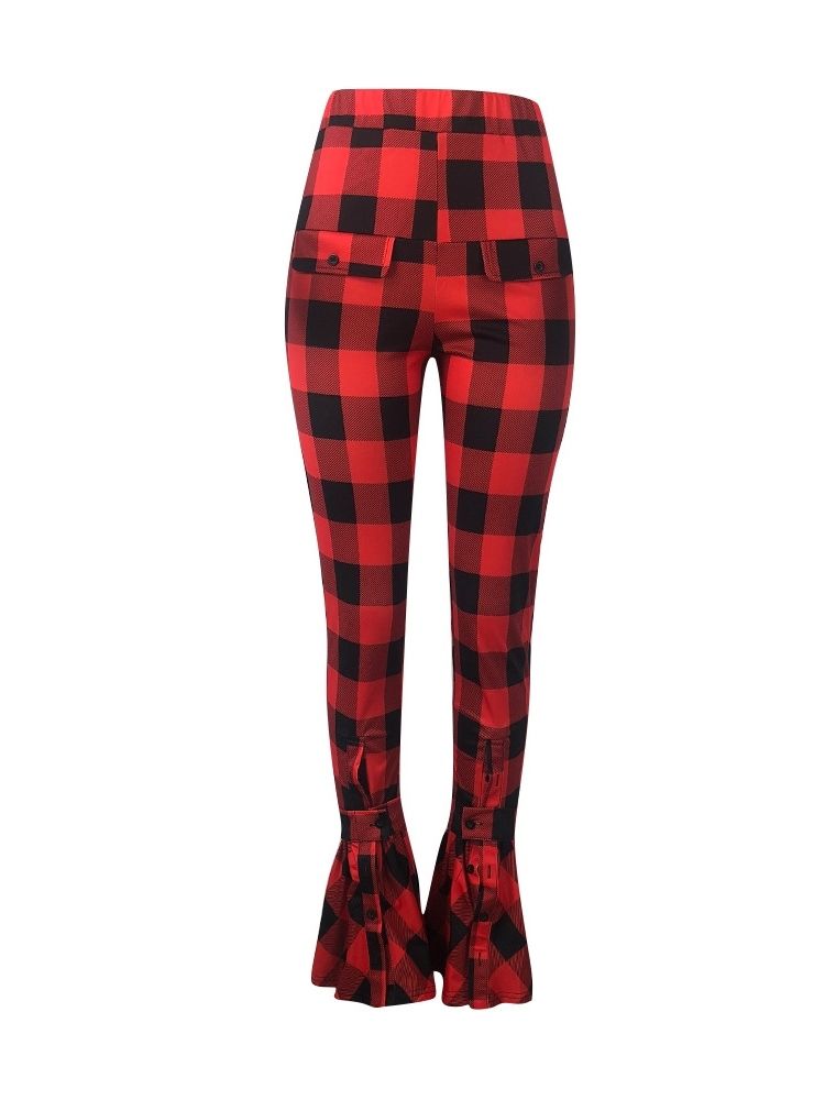 Kvinnors Plaid Slim High Midja Full Length Casual Byxor