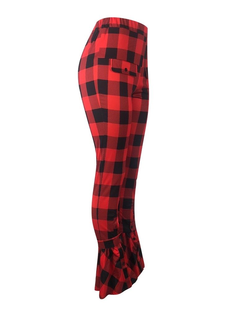 Kvinnors Plaid Slim High Midja Full Length Casual Byxor