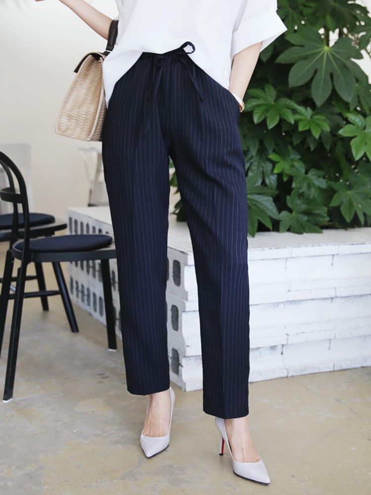 Kvinnors Slim Pocket Stripe Ankel Length Straight Casual Pants