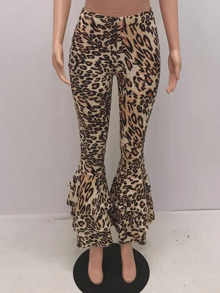 Kvinnors Smala 3d Leopard Bellbottoms Full Length Casual Byxor