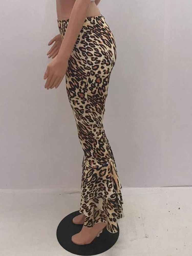 Kvinnors Smala 3d Leopard Bellbottoms Full Length Casual Byxor