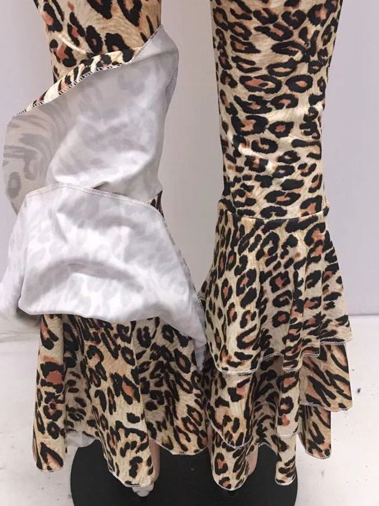 Kvinnors Smala 3d Leopard Bellbottoms Full Length Casual Byxor