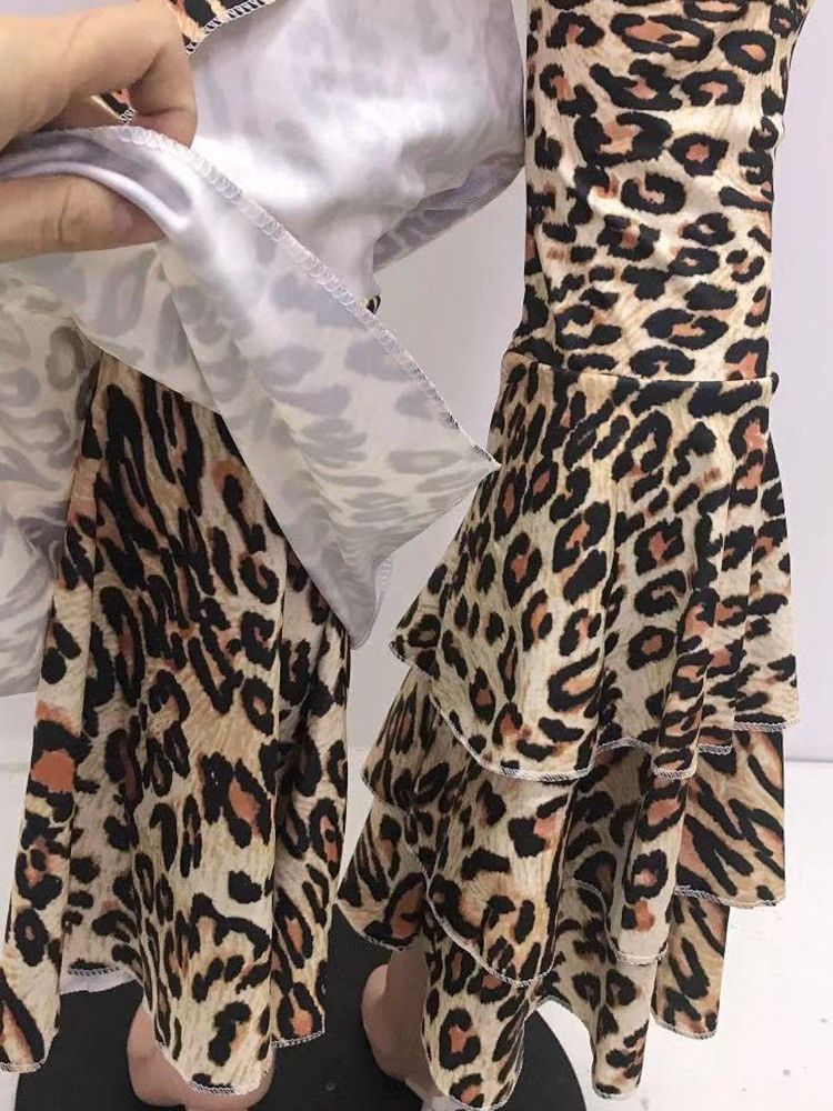 Kvinnors Smala 3d Leopard Bellbottoms Full Length Casual Byxor