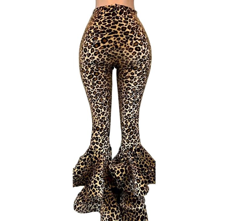 Kvinnors Smala 3d Leopard Bellbottoms Full Length Casual Byxor