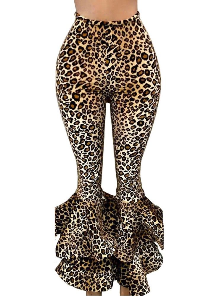 Kvinnors Smala 3d Leopard Bellbottoms Full Length Casual Byxor