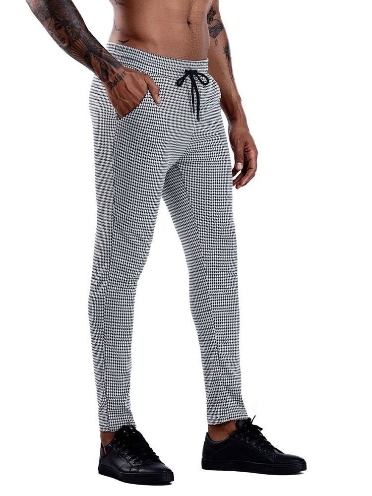 Lace-up Pencil Pants Plaid Lace-up Mid Waist Men's Casual Pants