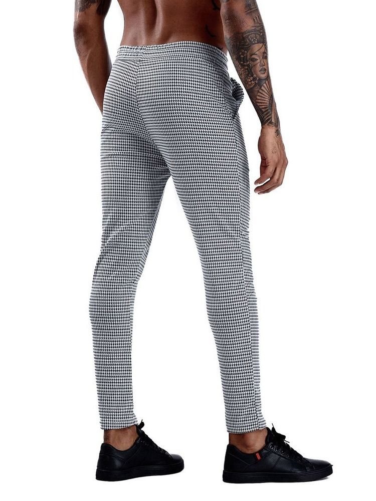 Lace-up Pencil Pants Plaid Lace-up Mid Waist Men's Casual Pants