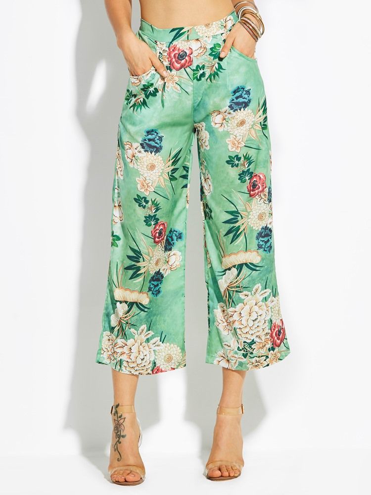 Loose Flower Print Wide Legs Dambyxor