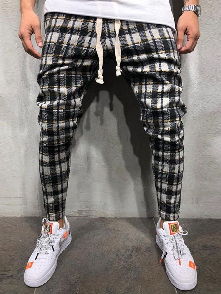 Pencil Pants Plaid Lace-up Mid Waist Mens Casual Pants