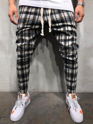 Pencil Pants Plaid Lace-up Mid Waist Mens Casual Pants