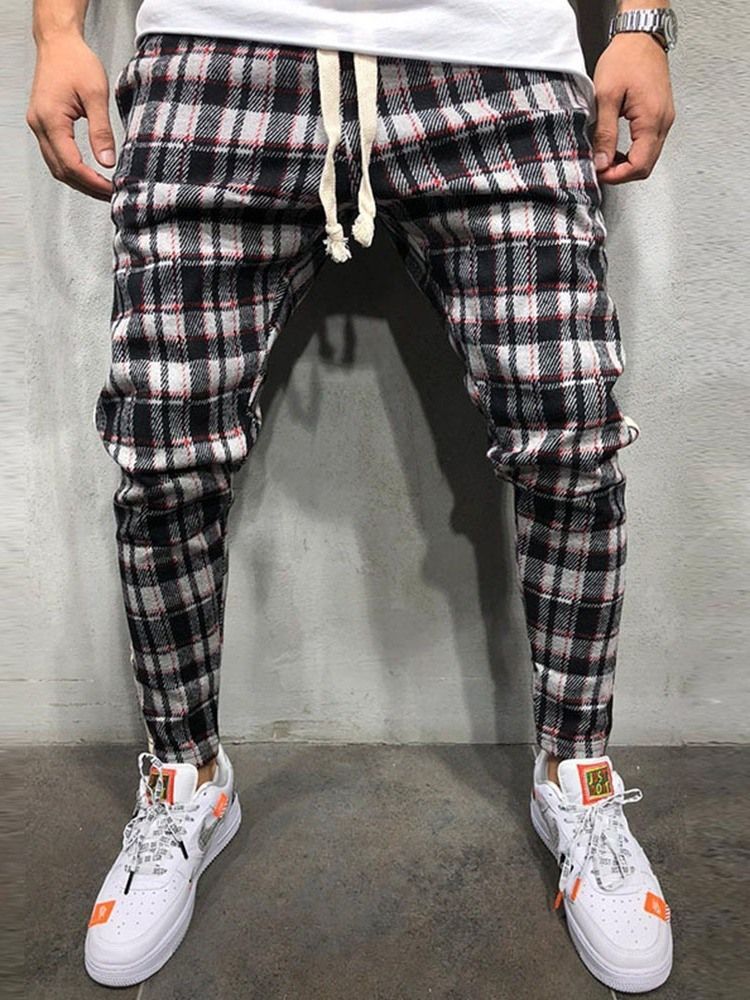 Pencil Pants Plaid Lace-up Mid Waist Mens Casual Pants