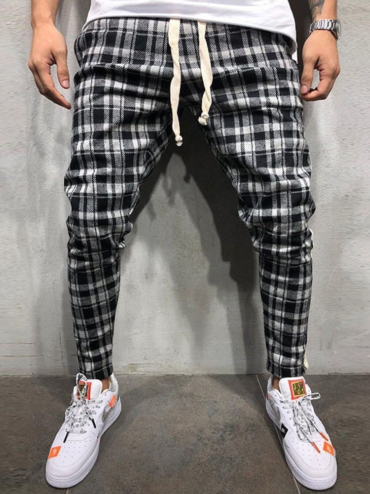 Pencil Pants Plaid Lace-up Mid Waist Mens Casual Pants