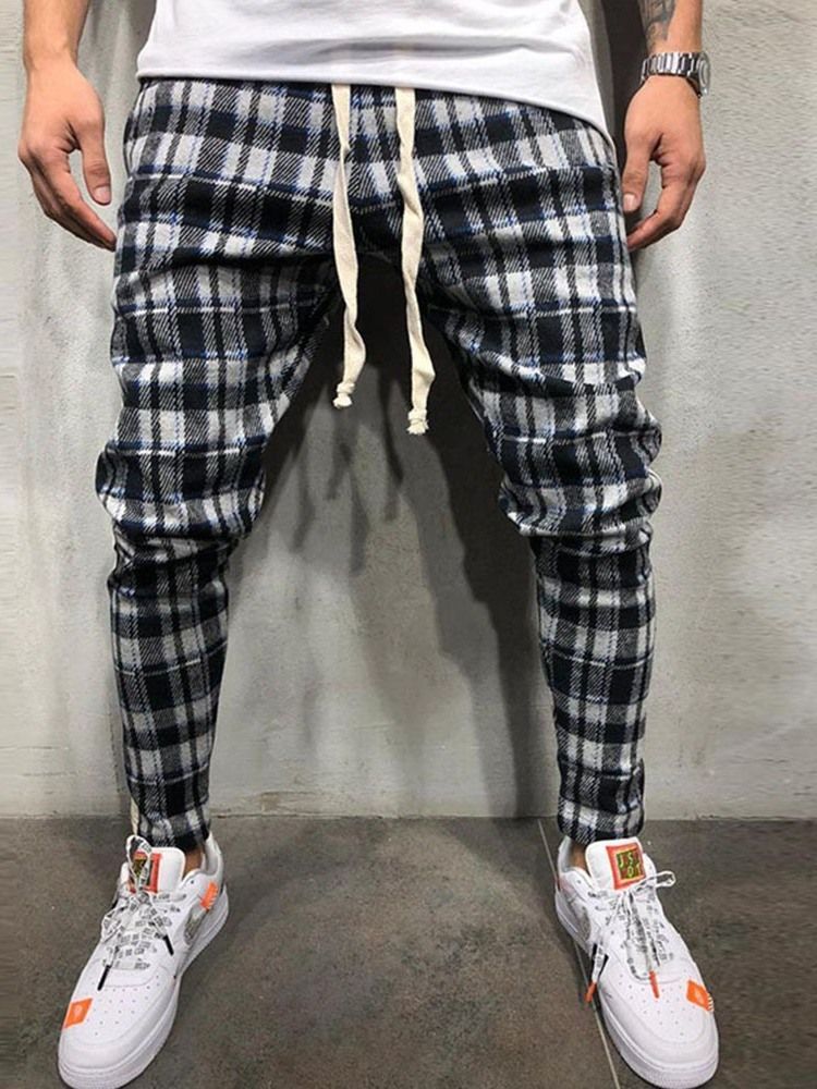 Pencil Pants Plaid Lace-up Mid Waist Mens Casual Pants