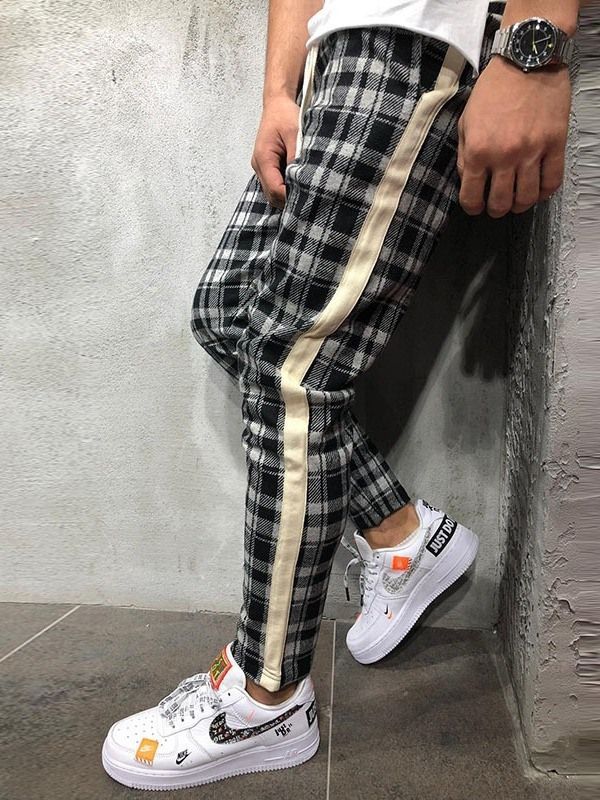 Pencil Pants Plaid Lace-up Mid Waist Mens Casual Pants